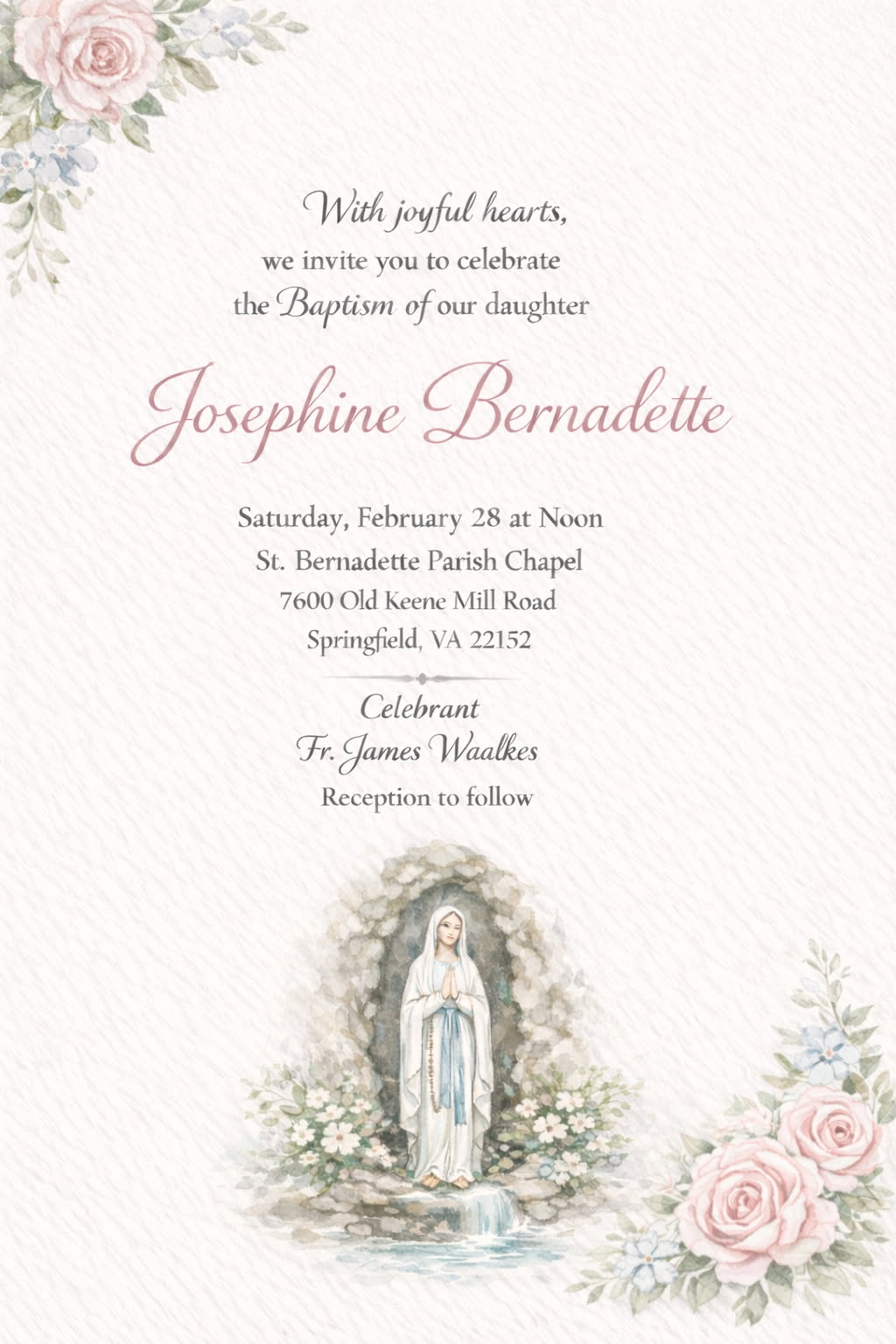 Baptism invitation for Josephine Bernadette featuring watercolor roses and an image of the Virgin Mary